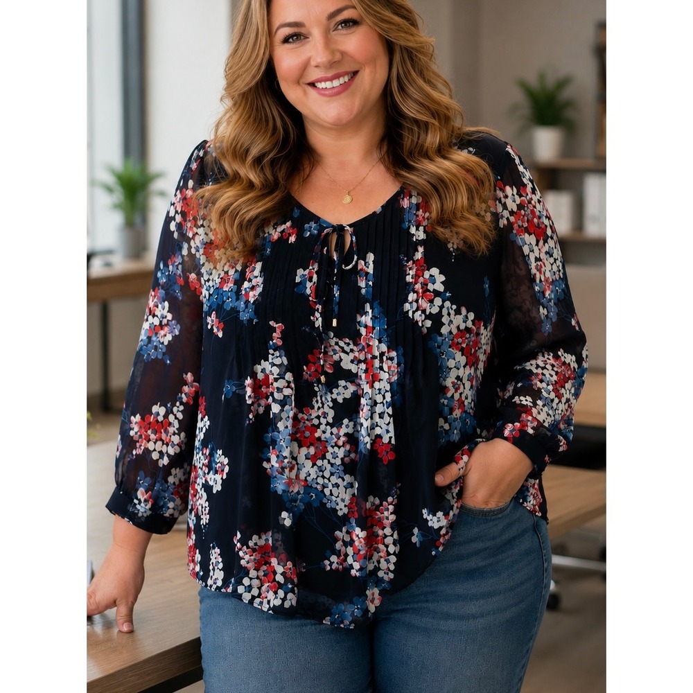 Tommy Hilfiger Womens Blouse Navy Floral XL Top Office Career Preppy Sheer